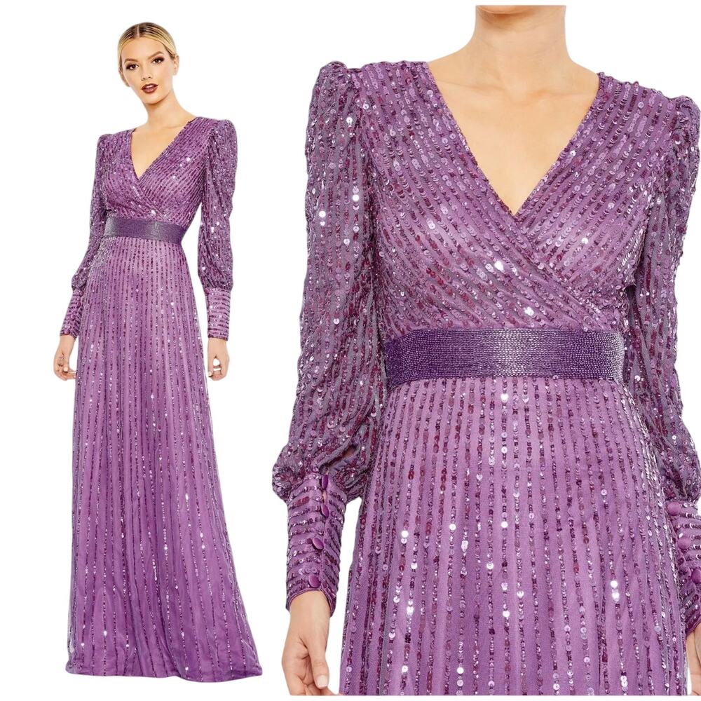 Mac Duggal NWT Purple Sequined Wrap Over Bishop Sleeve Dress Size 20 V-Neck